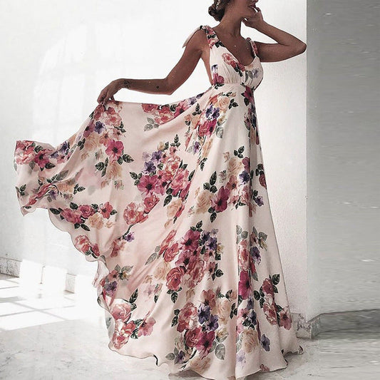 Women’s Maxi Dress – Floral Print – Scoop Neck – Sleeveless – Open Back – Flowy Fit