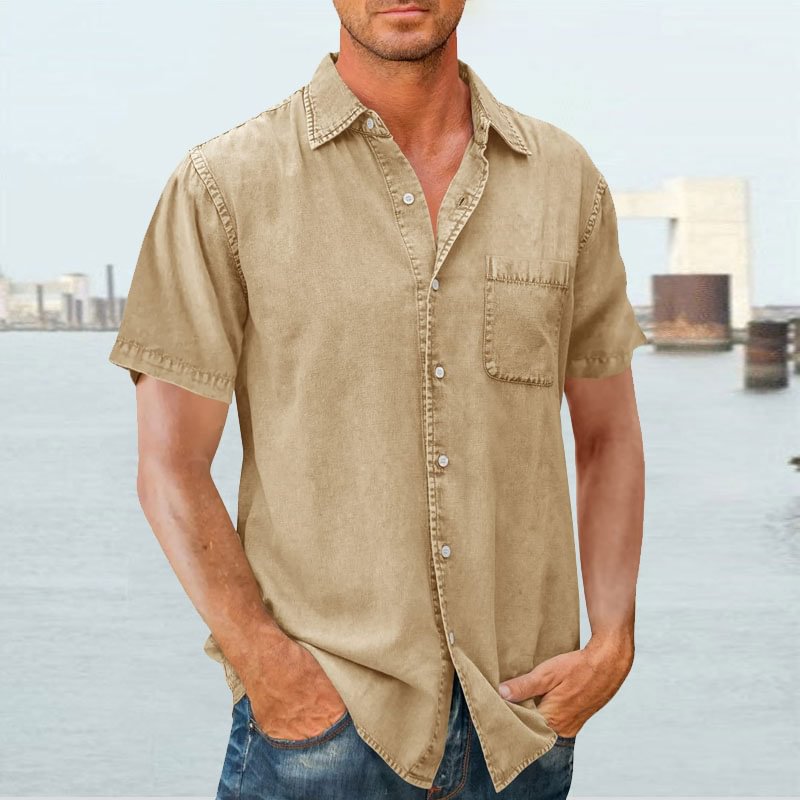 Men’s Short Sleeve Shirt – Relaxed Fit – Button Front – Chest Pocket – Natural Fibers
