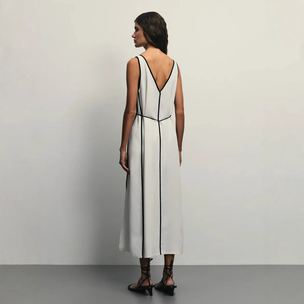 Women’s Sleeveless Midi Dress – A-Line Fit – U-Neck – Adjustable Waist Tie – Breathable Fabric