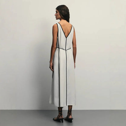 Women’s Sleeveless Midi Dress – A-Line Fit – U-Neck – Adjustable Waist Tie – Breathable Fabric