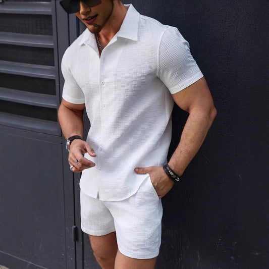Men’s Co-ord Set – Slim Fit Button-Down Shirt & Mid-Thigh Shorts – Breathable Woven