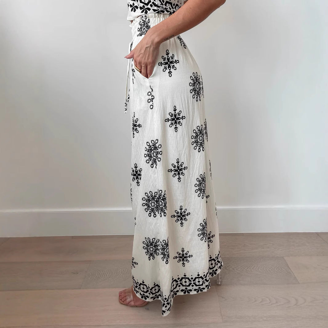 Women’s Two-Piece Set – Embroidered Crop Top – High Waist Wide-Leg Pants – Cotton Blend