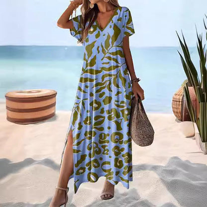 Women’s Maxi Dress – Relaxed Fit – V-Neck – Short Sleeve – Side Slit