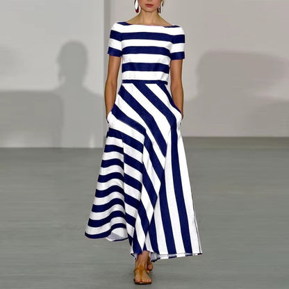 Women’s Long Dress – Flared Silhouette – Off Shoulder – Diagonal Striped