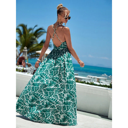Women’s Maxi Dress – Flowy Fit – Halter Neck – Deep V-Neckline – Cotton