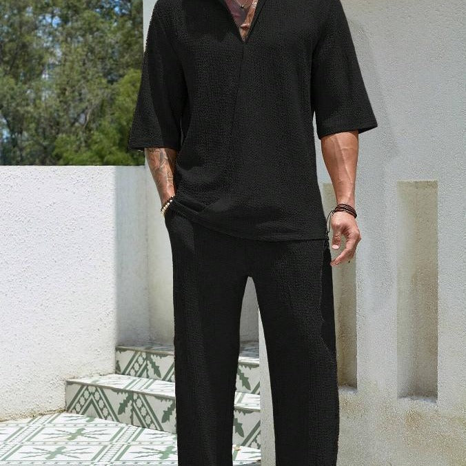 Men’s Shirt and Pants Set – Relaxed Fit – Lightweight Cotton – Mid Sleeve – Casual Wear
