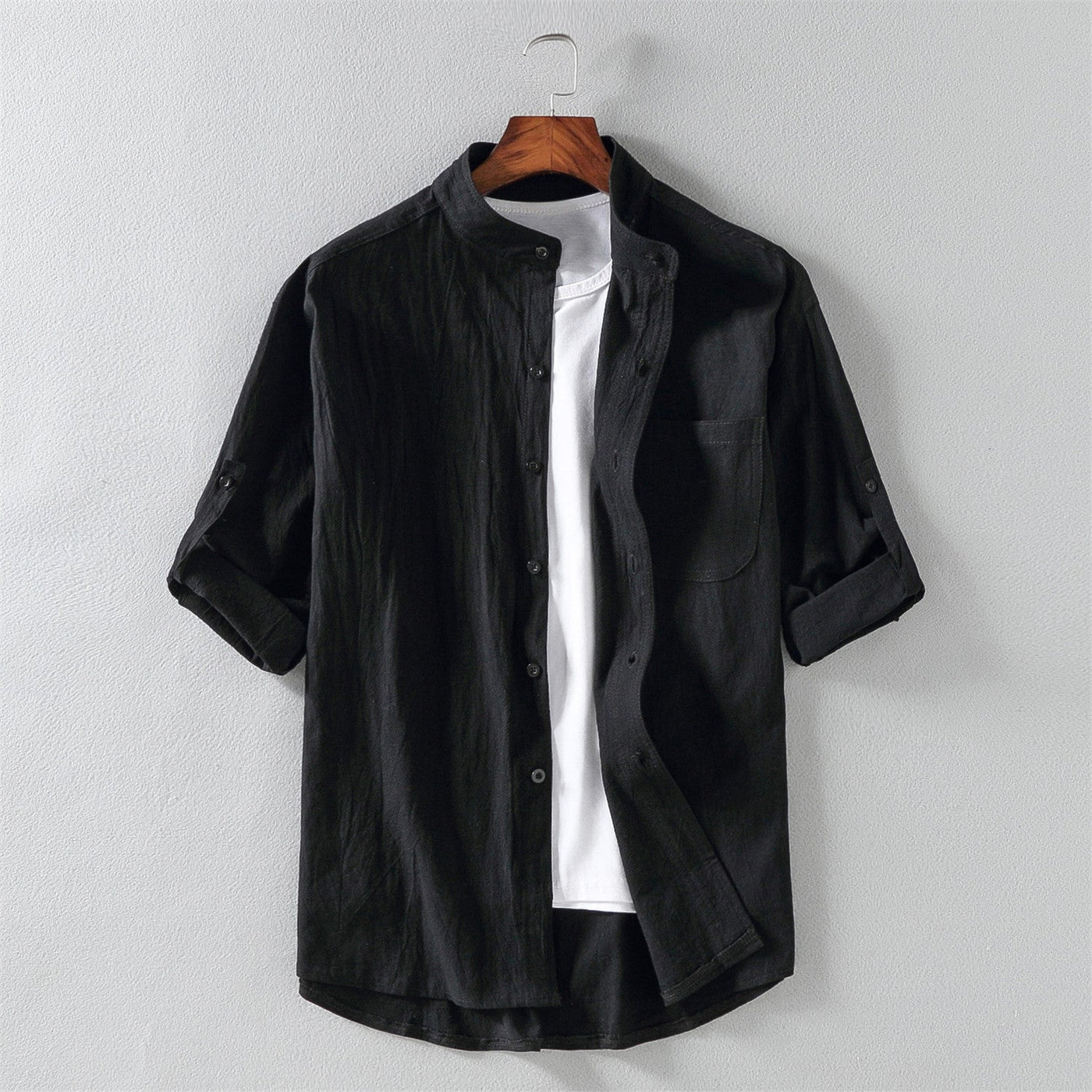 Men’s Short Sleeve Shirt – Linen Blend – Relaxed Fit – Mandarin Collar Casual Wear