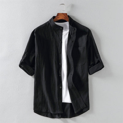 Men’s Short Sleeve Shirt – Linen Blend – Relaxed Fit – Mandarin Collar Casual Wear