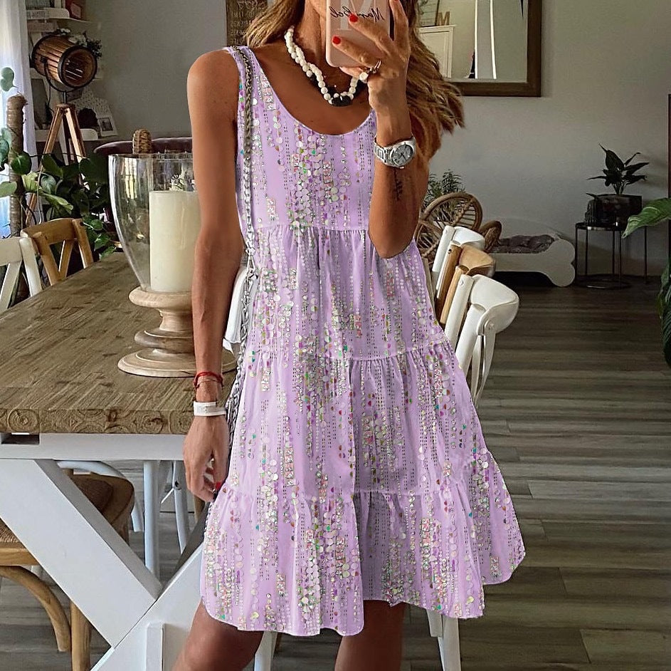 Women’s Knee-Length Dress – Relaxed Fit – Sleeveless Scoop Neck – Tiered Design – Breathable Blend