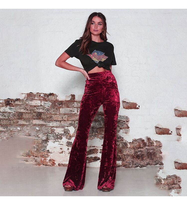 Women’s Flared Trousers – High Waist – Velvet Touch – Tailored Fit – Full Length