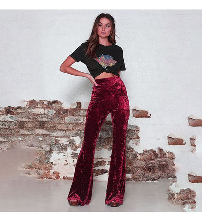 Women’s Flared Trousers – High Waist – Velvet Touch – Tailored Fit – Full Length