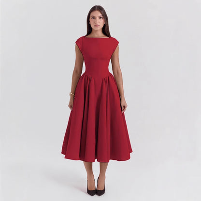 Women’s Midi Dress – Satin Feel – A-Line Fit – Sleeveless – High Neck – Elegant Wear