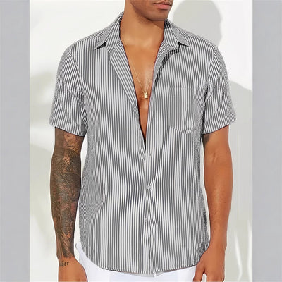 Men’s Button-Up Shirt – Relaxed Fit – Short Sleeve – Vertical Stripe – Breathable Blend