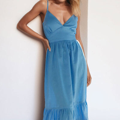 Women’s Midi Dress – Fitted Bodice – V-Neck – Spaghetti Straps – Tiered Hem – Cotton Blend
