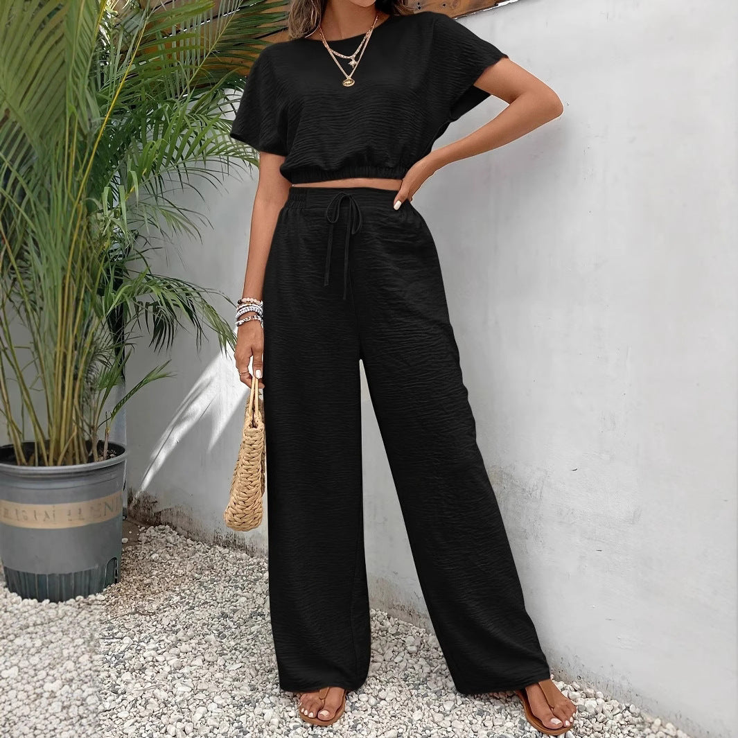 Women’s Two-Piece Set – Crop Top Batwing Sleeve – Wide-Leg Drawstring Trousers