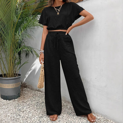 Women’s Two-Piece Set – Crop Top Batwing Sleeve – Wide-Leg Drawstring Trousers