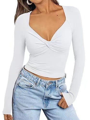 Women’s V-Neck T-Shirt – Slim Fit – Long Sleeve – Cropped Twist Front – Stretch Cotton
