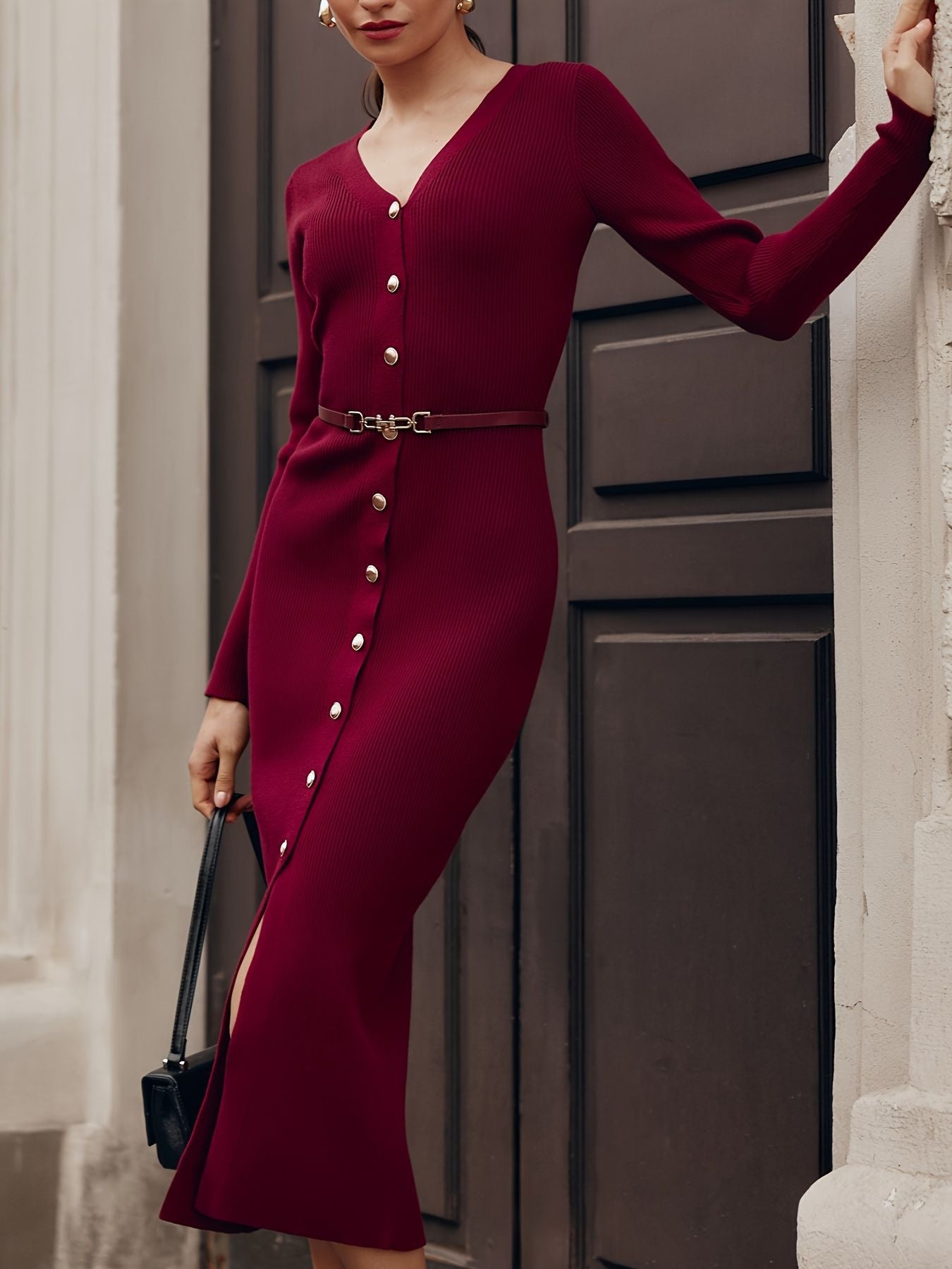 Women's Ribbed Knit Midi Dress - Button Detail - Long Sleeve