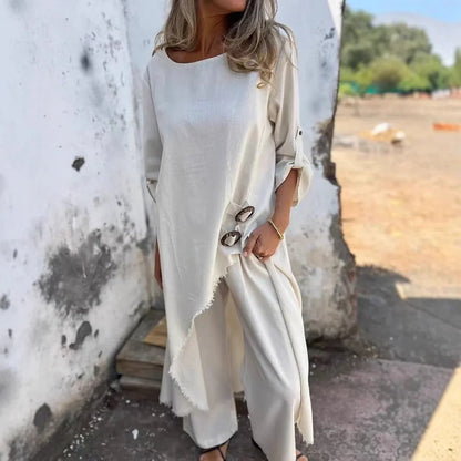 Women’s Two-Piece Set – Oversized Fit – Soft Cotton Feel – Side Button Detail – Full Length