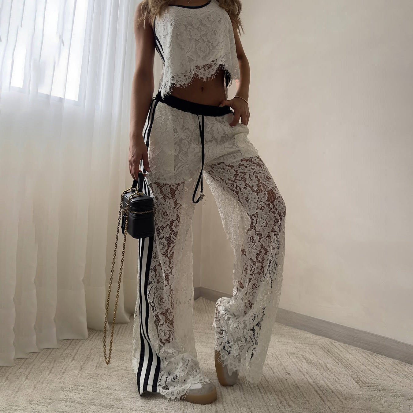 Women’s Two-Piece Set – Lace Camisole Crop Top – Drawstring Waist Sheer Trousers