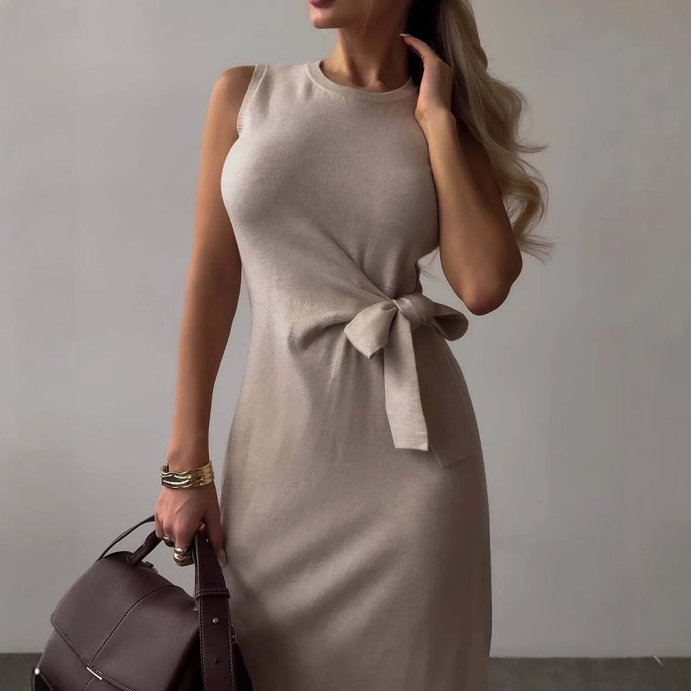 Women’s Midi Dress – Slim Fit – Sleeveless – Bow Waist – Side Slit – Stretch Fabric