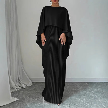 Women’s Maxi Dress – High Neck – Batwing Sleeves – Pleated Skirt – Flowing Fit