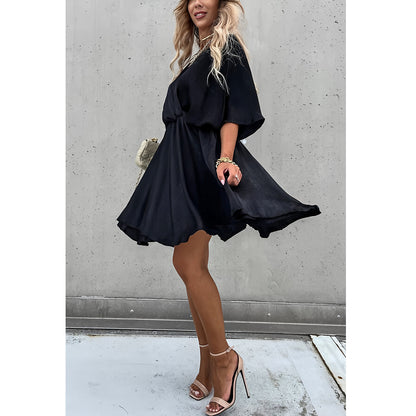 Women’s Dress – Relaxed Fit – Batwing Sleeves – Twist Knot Waist – Asymmetrical Hem