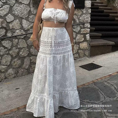 Women’s Two-Piece Set – Off Shoulder Crop Top – High Waist Tiered Maxi Skirt