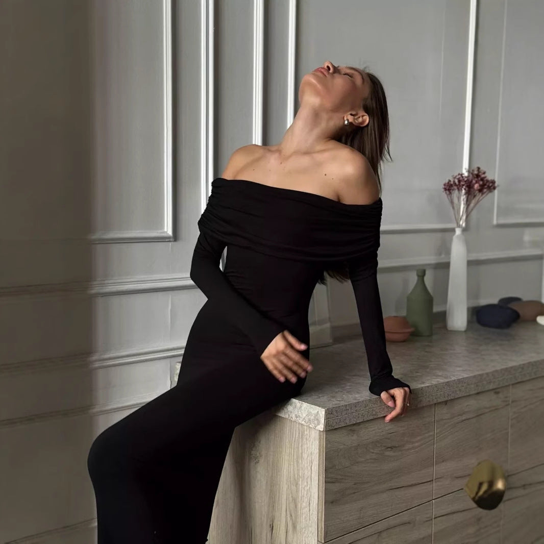 Women’s Maxi Dress – Bodycon Fit – Off-Shoulder – Long Sleeve Evening Wear