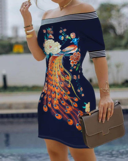 Women’s Off-Shoulder Dress – Slim Fit – Mini Length – Breathable Blend – Graphic Print