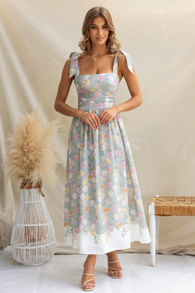 Women’s Midi Dress – Fit and Flare – Floral Print – Spaghetti Straps – Square Neckline