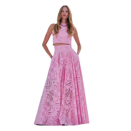 Women’s Two-Piece Set – Sleeveless Cropped Top – Flared High Waist Skirt – Broderie Detail