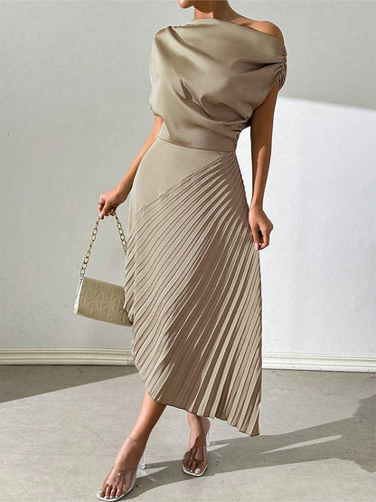 Women’s Midi Dress – One Shoulder – Fitted Draped Bodice – Pleated Asymmetrical Hem