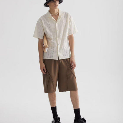 Men’s Short Sleeve Shirt – Cotton Blend – Oversized Fit – Cuban Collar – Lace Detail