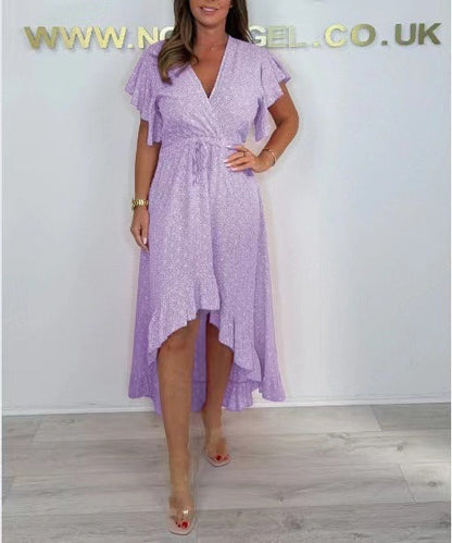 Women’s Wrap Dress – High-Low Hem – Ruffled Sleeves – Adjustable Waist – Luxury Fabric