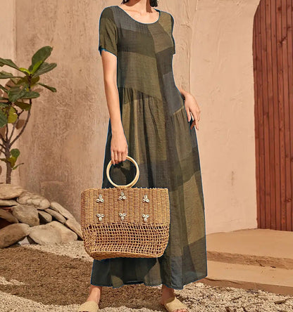 Women’s Long Dress – A-Line Loose Fit – Cotton – Plaid Print – Short Sleeve Casual