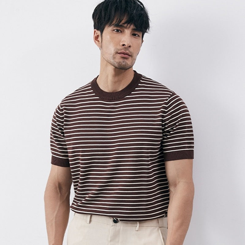 Men’s Knit T-Shirt – Slim Fit – Horizontal Stripe – Ribbed Cuffs – Cotton Blend