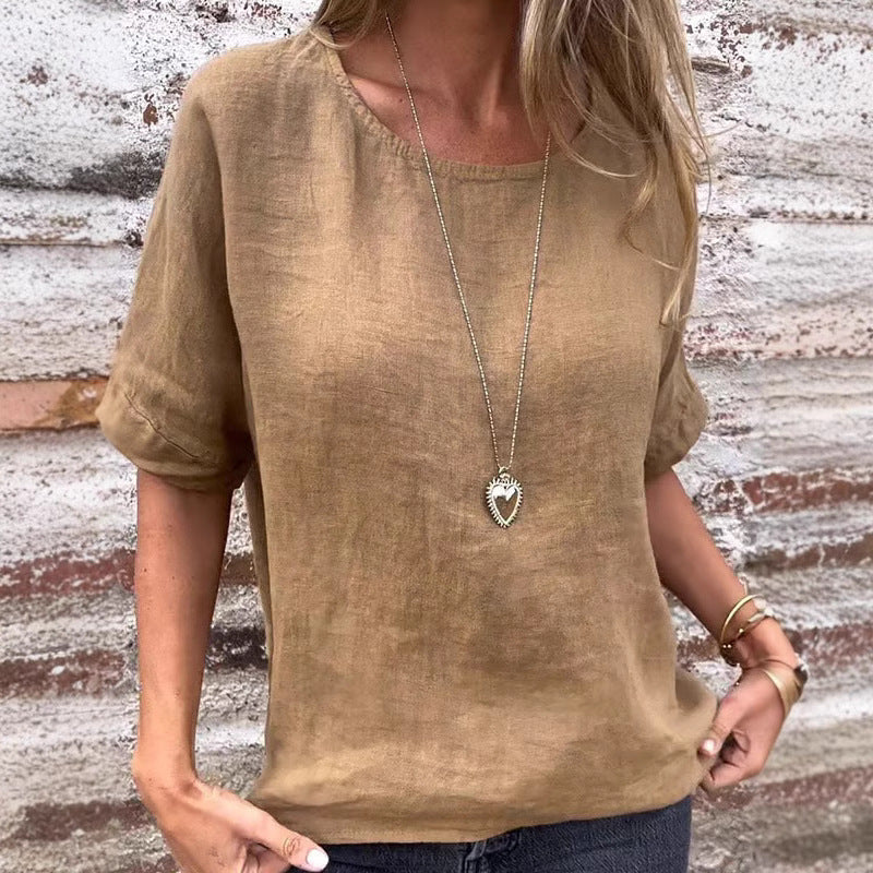 Women’s T-Shirt – Linen Blend – Loose Fit – Short Sleeve – Curved Hem Casual Style