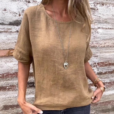 Women’s T-Shirt – Linen Blend – Loose Fit – Short Sleeve – Curved Hem Casual Style