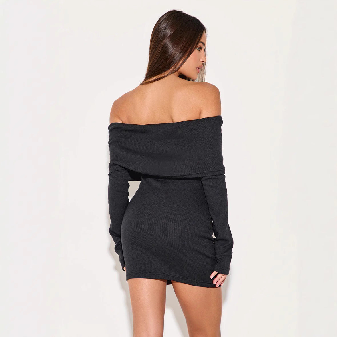 Women’s Off-Shoulder Dress – Slim Fit – Ribbed Knit – A-Line Mini – Button Front