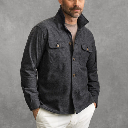 Men’s Wool-Blend Jacket – Tailored Fit – High Collar – Button-Up – Chest Flap Pockets