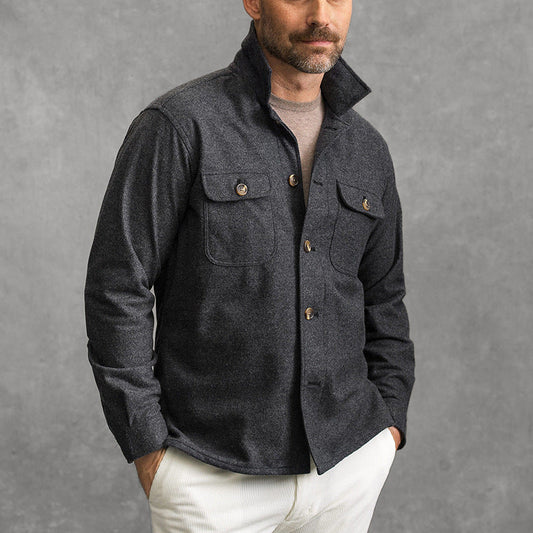 Men’s Wool-Blend Jacket – Tailored Fit – High Collar – Button-Up – Chest Flap Pockets
