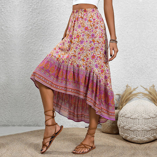 Women’s Midi Skirt – Floral Paisley Print – Tiered Relaxed Fit – Elastic Waistband