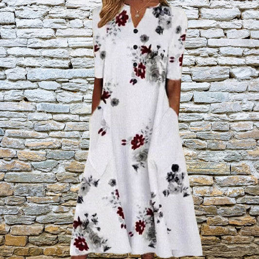 Women's Floral Print V-Neck Dress – Loose Fit with Pockets – Short Sleeve Casual Style
