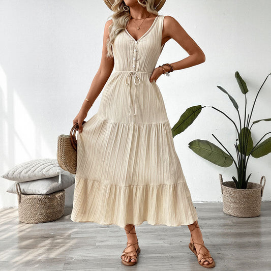 Women’s Midi Dress – Sleeveless V-Neck – Button Front – Tiered Skirt – Waist Tie