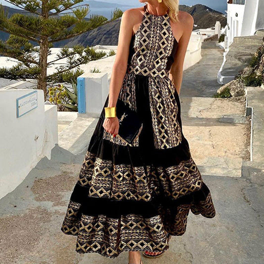 Women’s Maxi Dress – Halter Neck - Bohemian Style – Geometric Print – Breathable Blend
