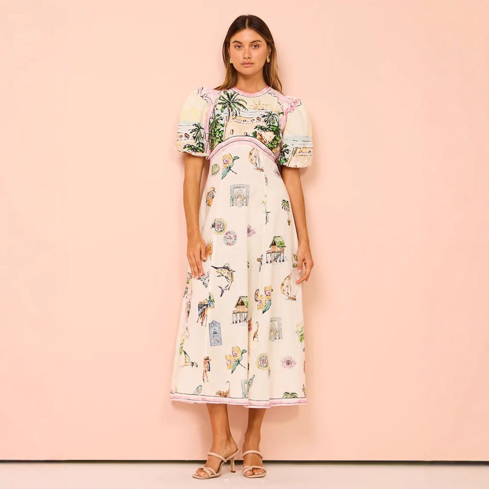 Women’s A-Line Dress – Full Length – Puff Sleeve – Fitted Bodice – Artistic Print