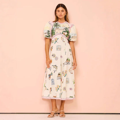 Women’s A-Line Dress – Full Length – Puff Sleeve – Fitted Bodice – Artistic Print