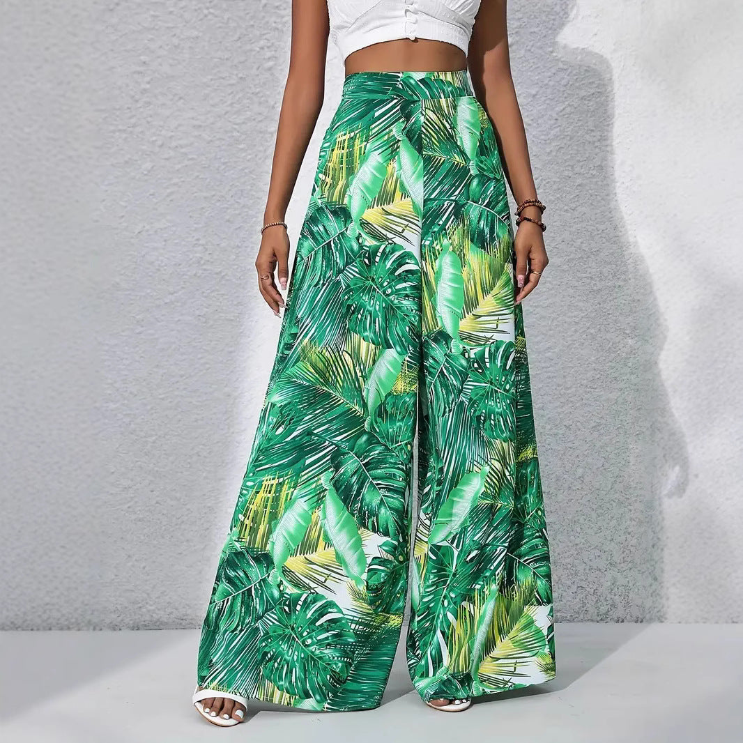 Women’s Wide-Leg Trousers – High Waist – Lightweight Fabric – Floral Print – Full Length