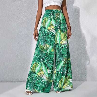 Women’s Wide-Leg Trousers – High Waist – Lightweight Fabric – Floral Print – Full Length